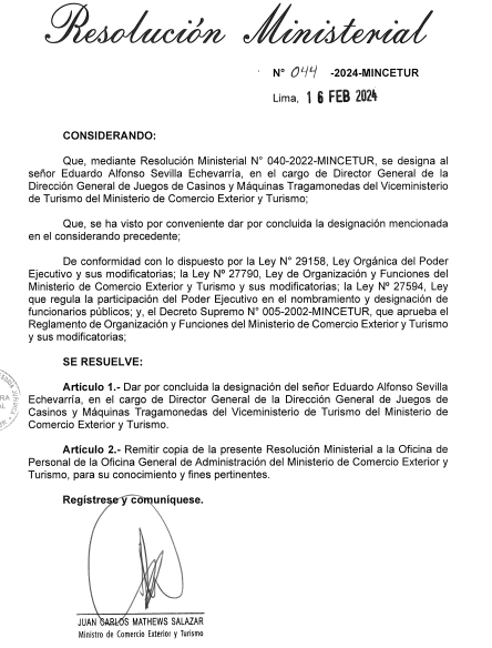 Perú: Gobierno da por concluida designación de Eduardo Sevilla al frente de DGJCMT